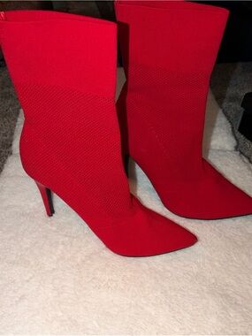 Red Pointed-Toe Stiletto Sock Boots